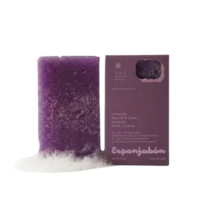 Burete de baie 2-in-1 cu sapun, lavanda, efect hranitor si calmant, 120 g, Esponjabon