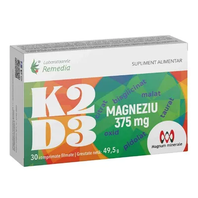 K2 + D3 + Magneziu 375 mg, 30 comprimate, Laboratoarele Remedia