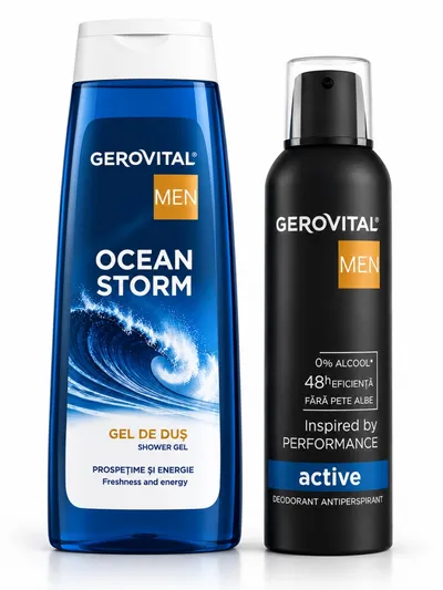 GEROVITAL Men Pachet Ocean Storm – Gel de duș 400 ml + Deodorant Antiperspirant Active 150 ml, Farmec