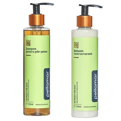 Set Sampon cu extract de nuc pentru par saten + Balsam restructurant cu extract de nuc si cheratina Beauty Hair Deluxe, 250 ml + 250 ml, Pellamar
