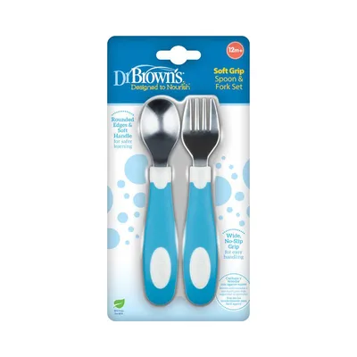 Set lingura si furculita Soft-Grip pentru +12 luni Albastru, 1 bucata, Dr. Brown's