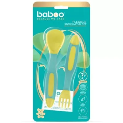 Set lingurita si furculita flexibile, Galben/Verde, 6l+, Baboo