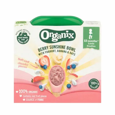 Piure eco cu fructe de padure, iaurt, banana si ovaz Berry Sunshine pentru +12 luni, 120g, Organix