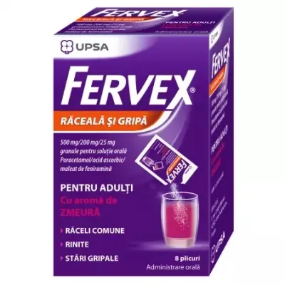 Fervex Raceala si Gripa cu aroma de zmeura, 500mg/200mg/25mg, UPSA