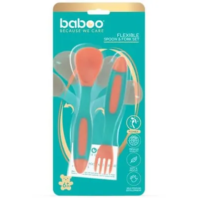 Set lingurita si furculita flexibile, Portocaliu/Verde, 6l+, Baboo