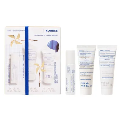 Pachet Greek Yoghurt Gel pentru ochi 15ml + Spuma de curatare 20ml + Crema hidratanta 20ml, Korres