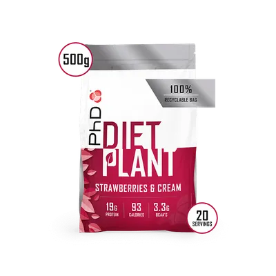 Pudra proteica Diet Plant cu aroma de capsuni si frisca, 500g, PhD