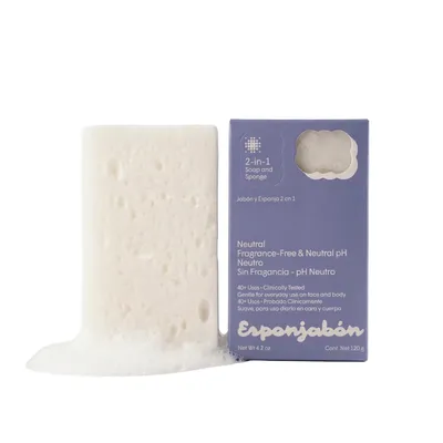 Burete de baie 2-in-1 cu sapun, fara parfum, pH neutru, 120 g, Esponjabon