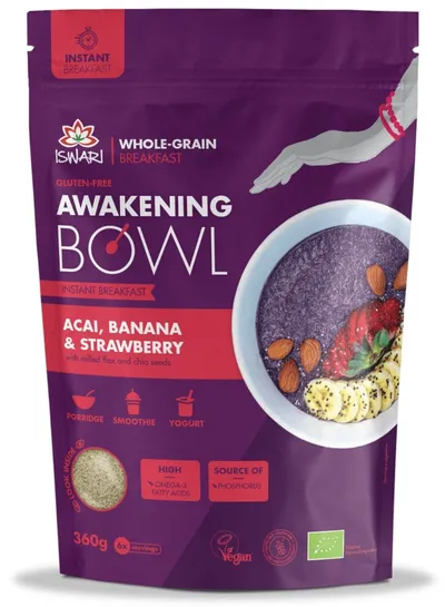 Mic dejun instant bio fara zahar cu acai, banane si capsuni, 360g, Iswari