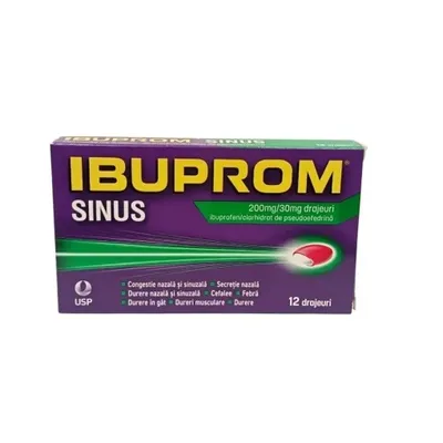 Ibuprom Sinus, 200 mg/30 mg, 12 drajeuri