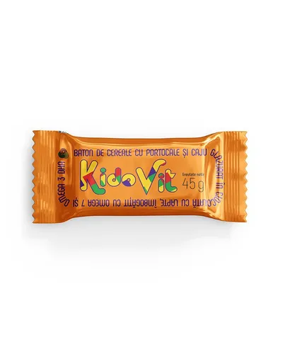 Baton de cereale cu portocale si caju, 45g, Kidovit