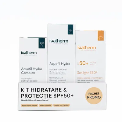 Kit Hidratare si protectie, Gel-crema Aquafil Hydra Complex,15 ml, Ser Aquafil Hydra, 30 ml, Crema cu SPF50+ Sunlight 360, 50 ml,, Ivatherm