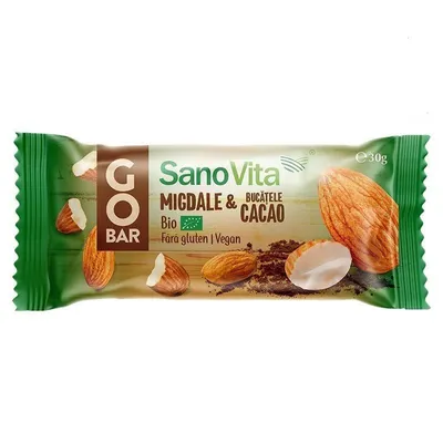Baton Go Bar Bio cu cacao si migdale, 30g, SanoVita