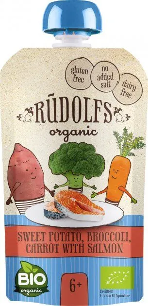 Piure cartofi dulci + brocoli si somon 6+ Bio, 110g, Rudolfs