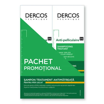 Pachet Sampon anti-matreata pentru par uscat Dercos, 200ml + 200ml, Vichy