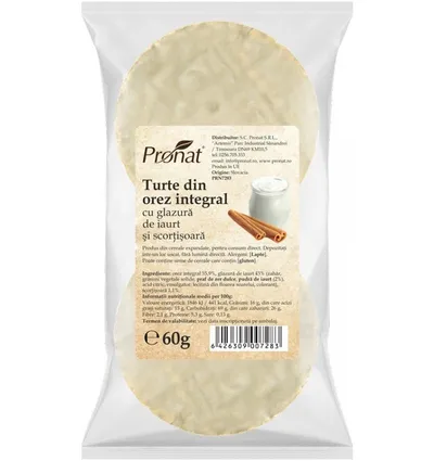 Turte din orez integral cu glazura de iaurt si scortisoara, 60g, Pronat