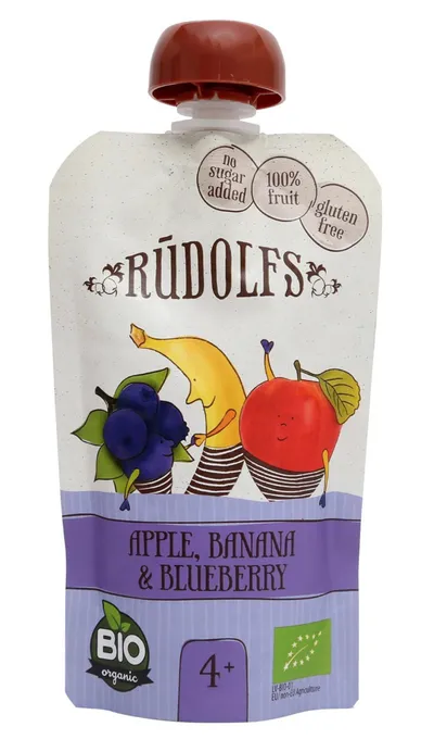 Piure de mere + banane si afine 4+ Bio, 110g, Rudolfs
