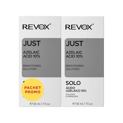 Pachet Solutie pentru luminozitatea tenului cu acid azelaic Just Azelaic Acid 10% Brightening Solution, 30ml, Revox