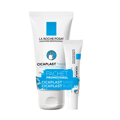 Pachet Cicaplast Crema de maini cu efect de bariera reparatoare 50ml + Cicaplast Balsam de buze reparator 7.5ml, La Roche-Posay