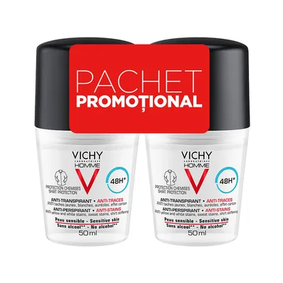 Pachet Deodorant roll-on antiperspirant anti-urme pentru barbati 48h, 50 ml + 50 ml, Vichy Homme