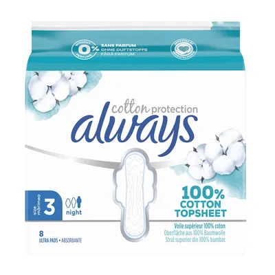 Absorbante de noapte din bumbac Night Cotton Protection, Marimea 3, 8 bucati, Always