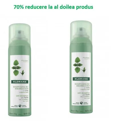 Pachet Sampon uscat cu extract de urzica 1 + 70% reducere la al doilea produs, 2 x 150ml, Klorane