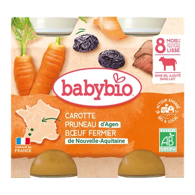 Piure din carne de vacuta, morcovi si prune uscate Bio +8 luni, 2 x 200g, BabyBio