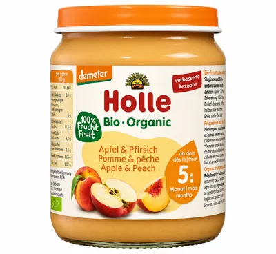 Piure de Mere și Piersici pentru Copii +5 Luni Bio, 190 g, Holle