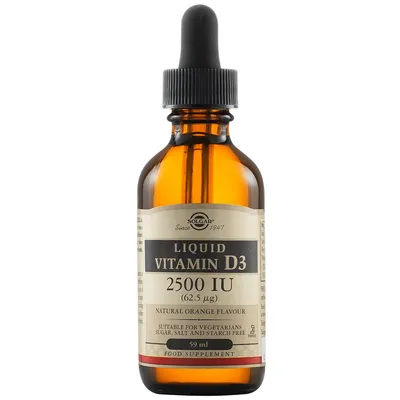 Vitamina D3 lichida 2500UI 62,5 mcg cu aroma de portocala, 59ml, Solgar
