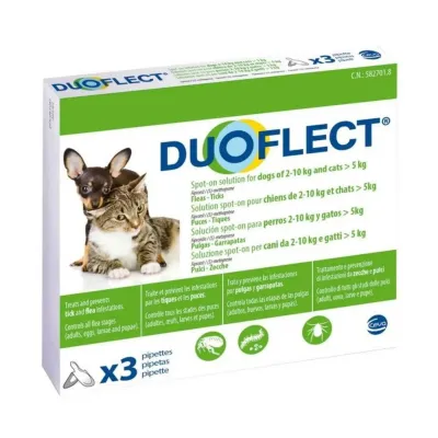 Duoflect câini (2–10 kg)+Pisici (>5 kg), antiparazitar extern, soluție spot – on, 3 pipete – Ceva Sante Animale RO
