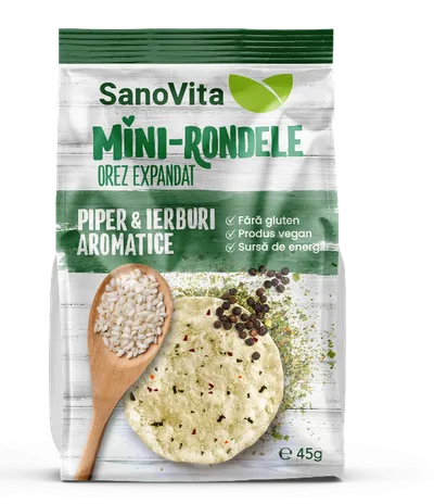 Mini rondele din orez cu piper si ierburi mediteraneene, 45g, SanoVita