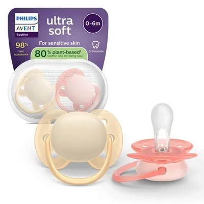Suzeta Ultra Soft Pacifier Philips Avent, Roz/Portocaliu, 0-6 luni, SCF091/38, 2 bucăți, Philips