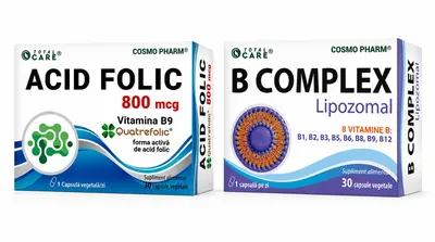 Acid Folic Quatrefolic 800 mcg, 30 Capsule Vegetale + B Complex Lipozomal, 30 Capsule Vegetale, Cosmopharm