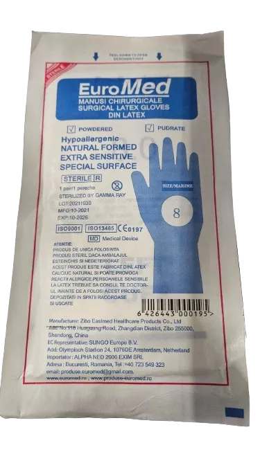 Manusi chirurgicale sterile masura 8, 1 pereche, Euromed
