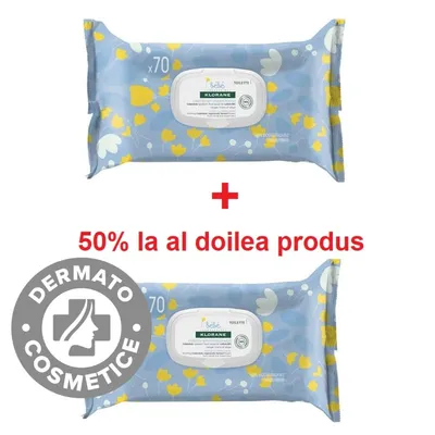 Servetele umede calmante 1+ 50% reducere la al doilea produs, 2 x 70 bucati, Klorane Bebe