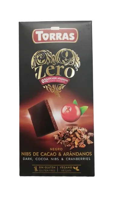 Ciocolata neagra cu merisoare fara zahar si gluten 52% cacao Zero, 125g, Torras