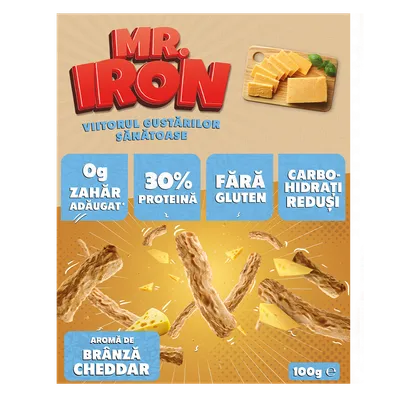 Snack cu 30% proteina fara zahar low-carb gluten free Branza Ceddar Tojos, 100g, Mr. Iron