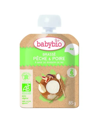 Piure de pere, piersici si lapte de orez Bio, 85g, BabyBio