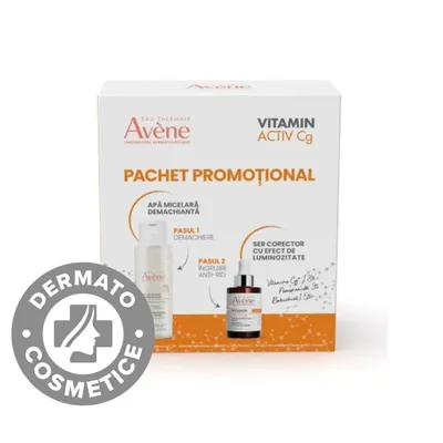 Pachet Ser corector cu efect de luminozitate Vitamin Activ Cg 30ml + Apa micelara demachianta 100ml, Avene