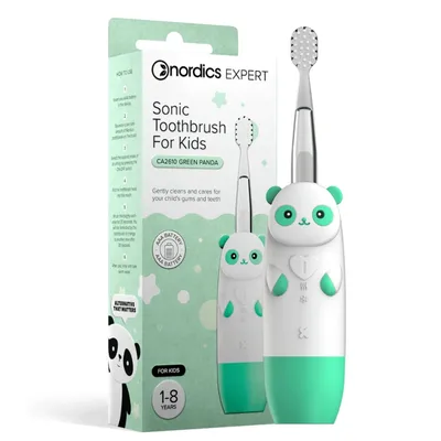 Periuta de dinti sonica cu baterie AAA pentru copii Panda CA2610, culoare verde, 1 bucata, Nordics