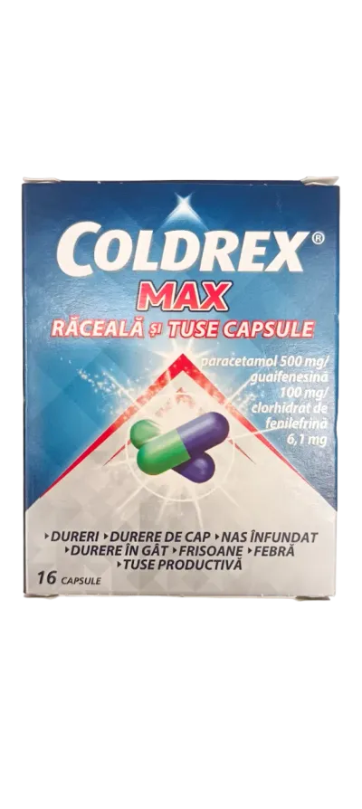 Coldrex max raceala si tuse 500mg/100mg/6,1mg, Perrigo, 16 capsule