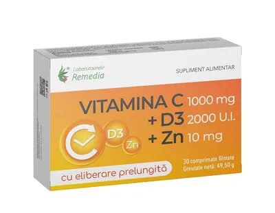 VITAMINA C 1000MG+ZINC10MG+D3 2000 UI ELIBERARE PRELUNGITA 30 COMPRIMATE FILMATE REMEDIA